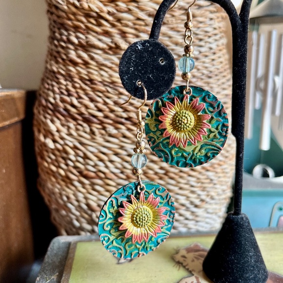 Boho Hand Painted Patina Sunflower Earrings - Bohemian Boho Earrings - OOAK - Picture 9 of 9